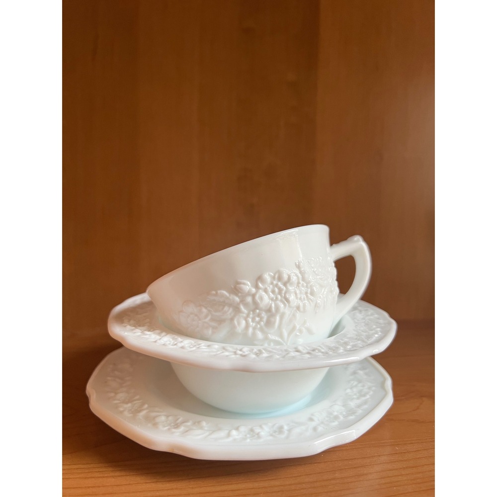 Indiana Glass Co White Milk Glass Floral Embossed Teacup Saucer+ fruit Bowl